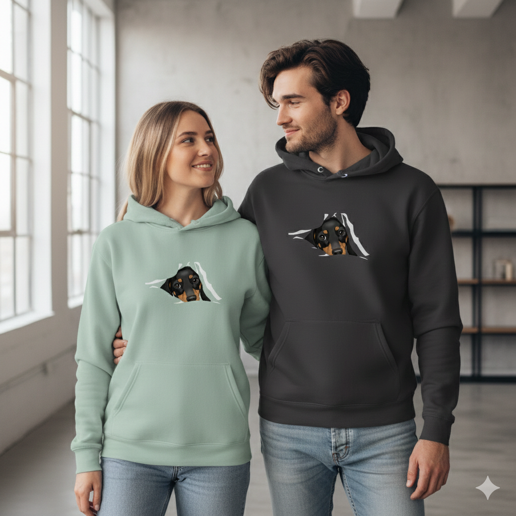 Hoodie für Sie & Ihn Premium Bio mit Dackel Welpe Design "Black Tan"