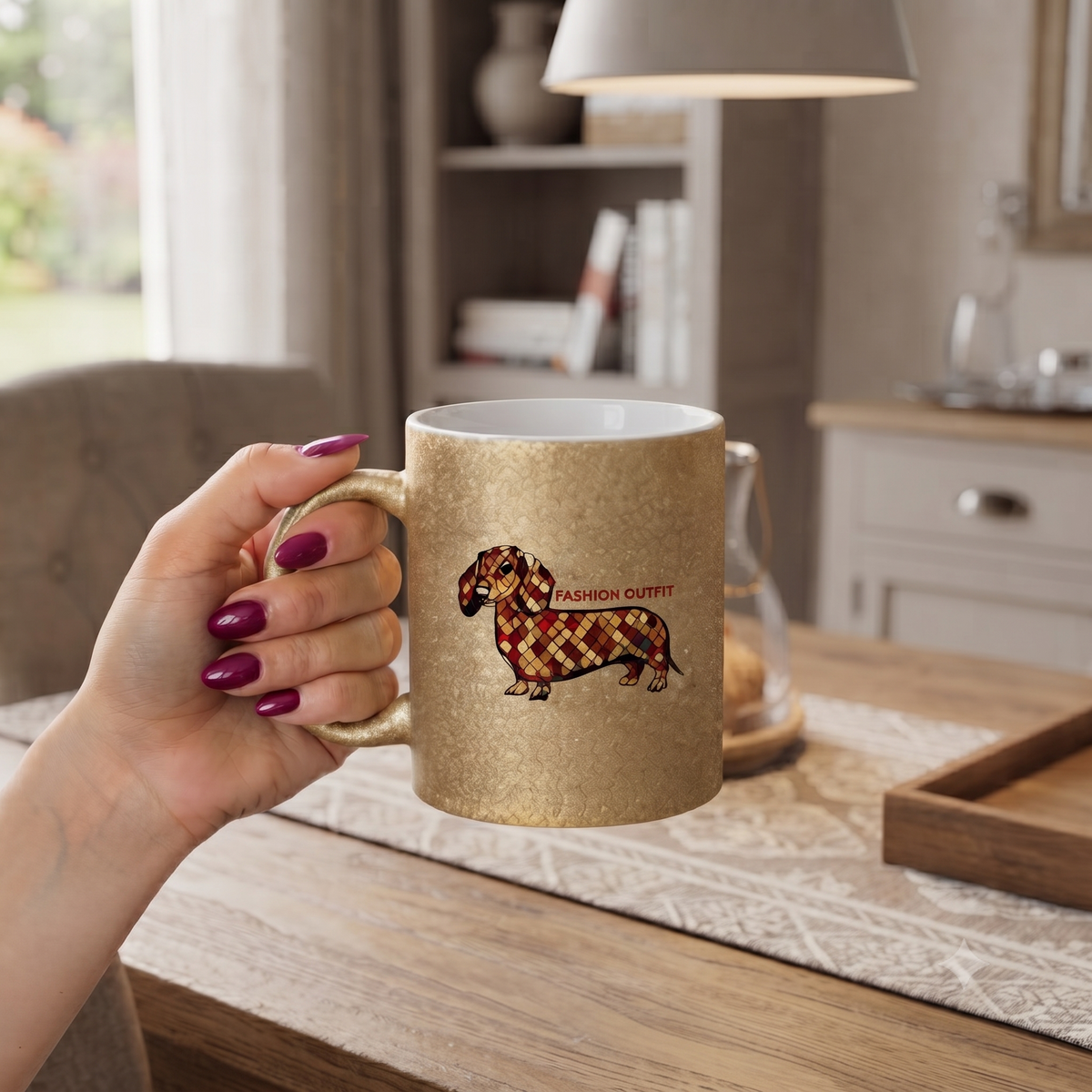 Glitzerbecher mit Dackel Print Motiv