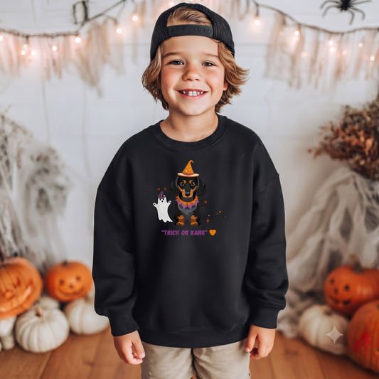 Kinder Sweatshirt Halloween Motiv und Dackel Zitat "Trick or Bark"