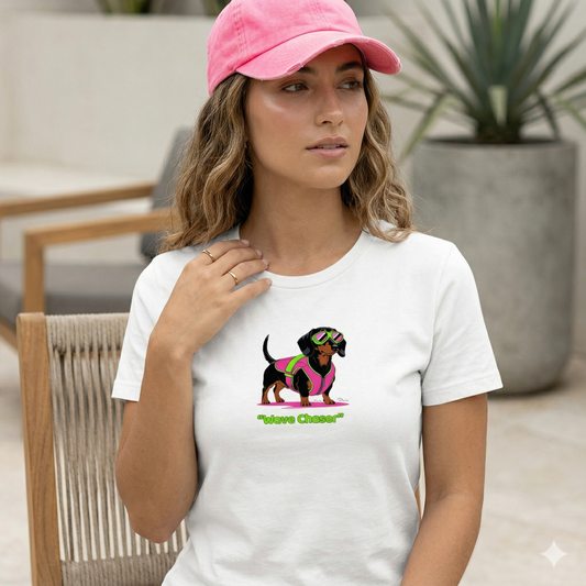 Damen Premium T-Shirt mit Urlaubsfeeling "Wave chaser" Dackel Print Motiv