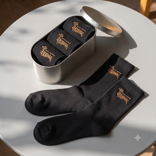 Crew Socken mit Dackel Print "Heart of a Leopard"- Leoparden allover