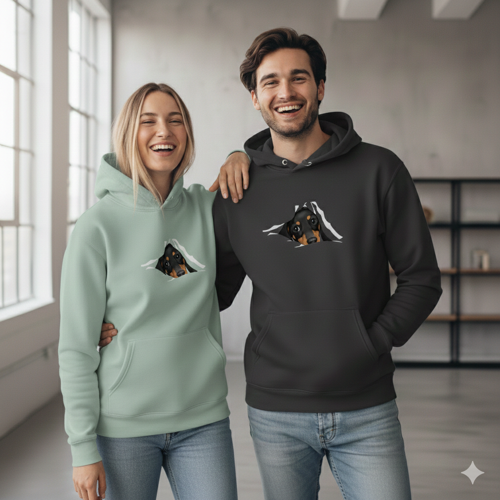 Hoodie für Sie & Ihn Premium Bio mit Dackel Welpe Design "Black Tan"