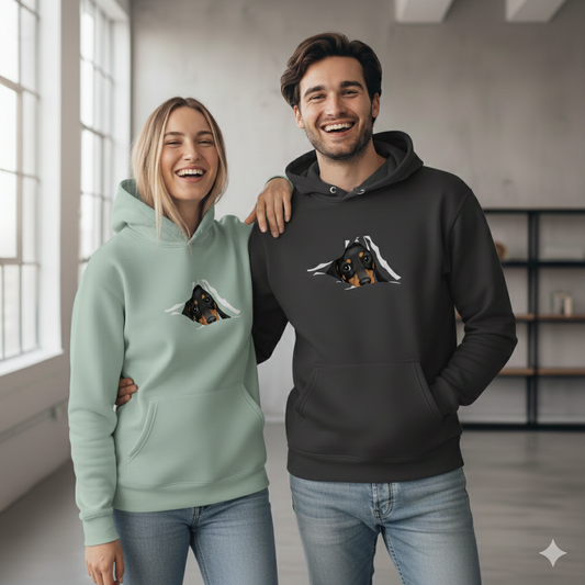 Hoodie für Sie & Ihn Premium Bio mit Dackel Welpe Design "Black Tan"