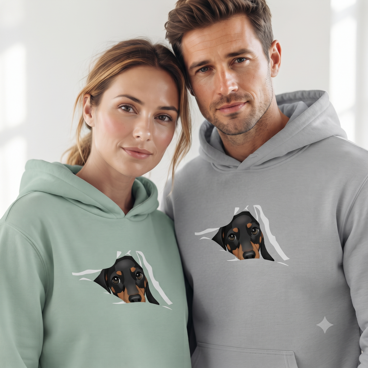 Hoodie für Sie & Ihn Premium Bio mit Dackel Welpe Design "Black Tan"