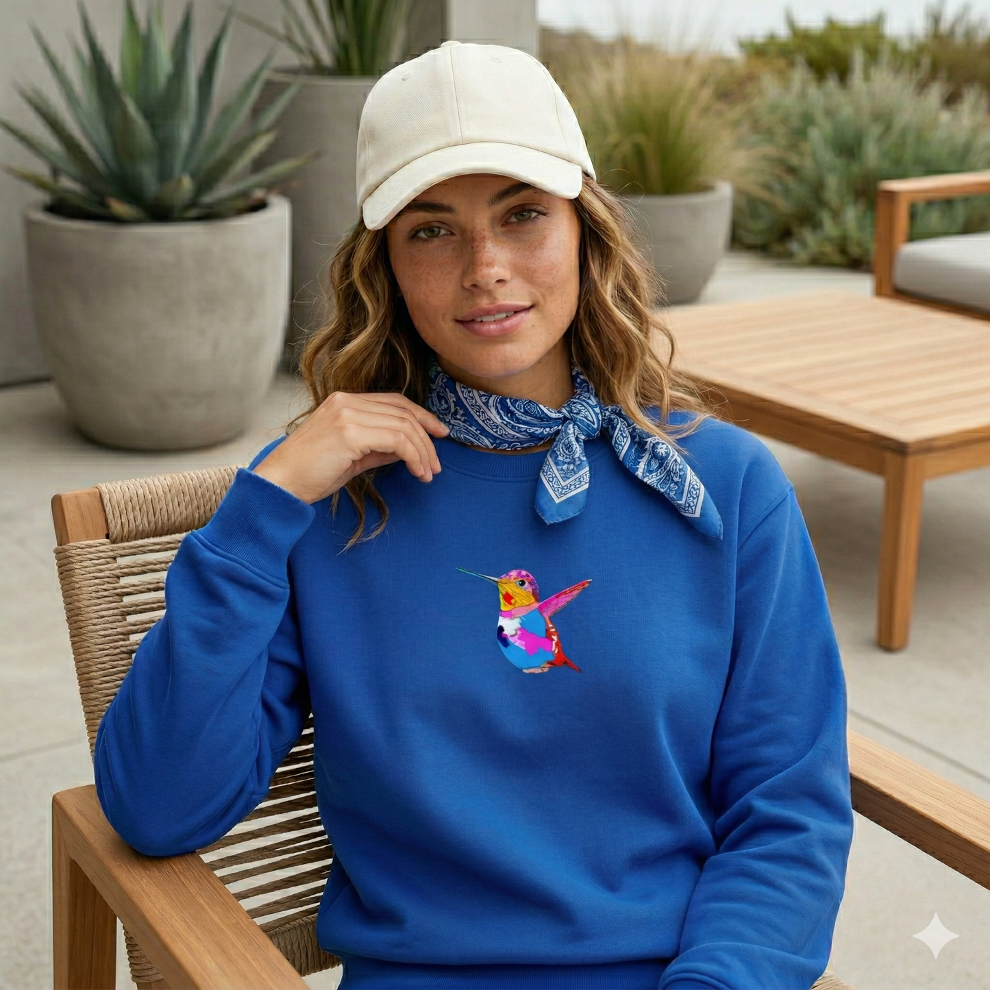 Damen Sweatshirt mit Kolibri-Print – Südsee-Kunst im Gauguin-Stil