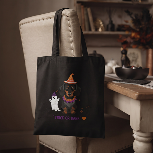 Tragetasche mit lustigem Dackel Halloween "Trick or Bark" Print