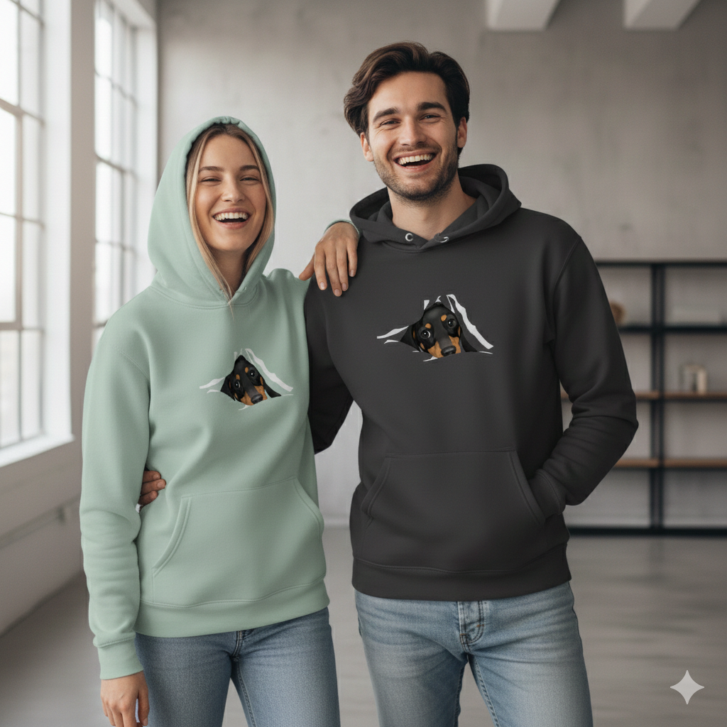 Hoodie für Sie & Ihn Premium Bio mit Dackel Welpe Design "Black Tan"