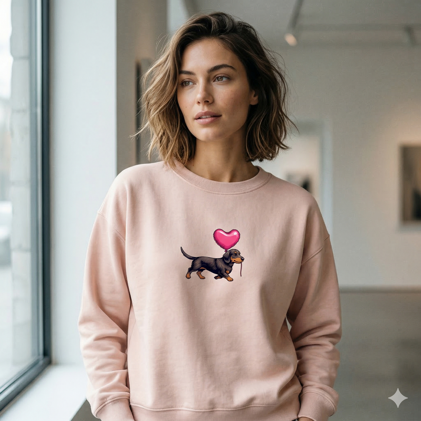 Damen Bio Sweatshirt "Dackel mit Herz Ballon" – Weil Liebe vier Pfoten hat