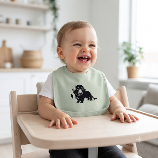 Kinder Bio Lätzchen mit Dackel Print als Geschenkidee