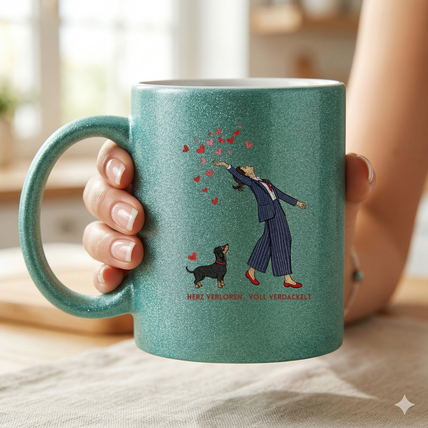 Glitzertasse mit Druckmotiv- Herz verloren . voll verdackelt