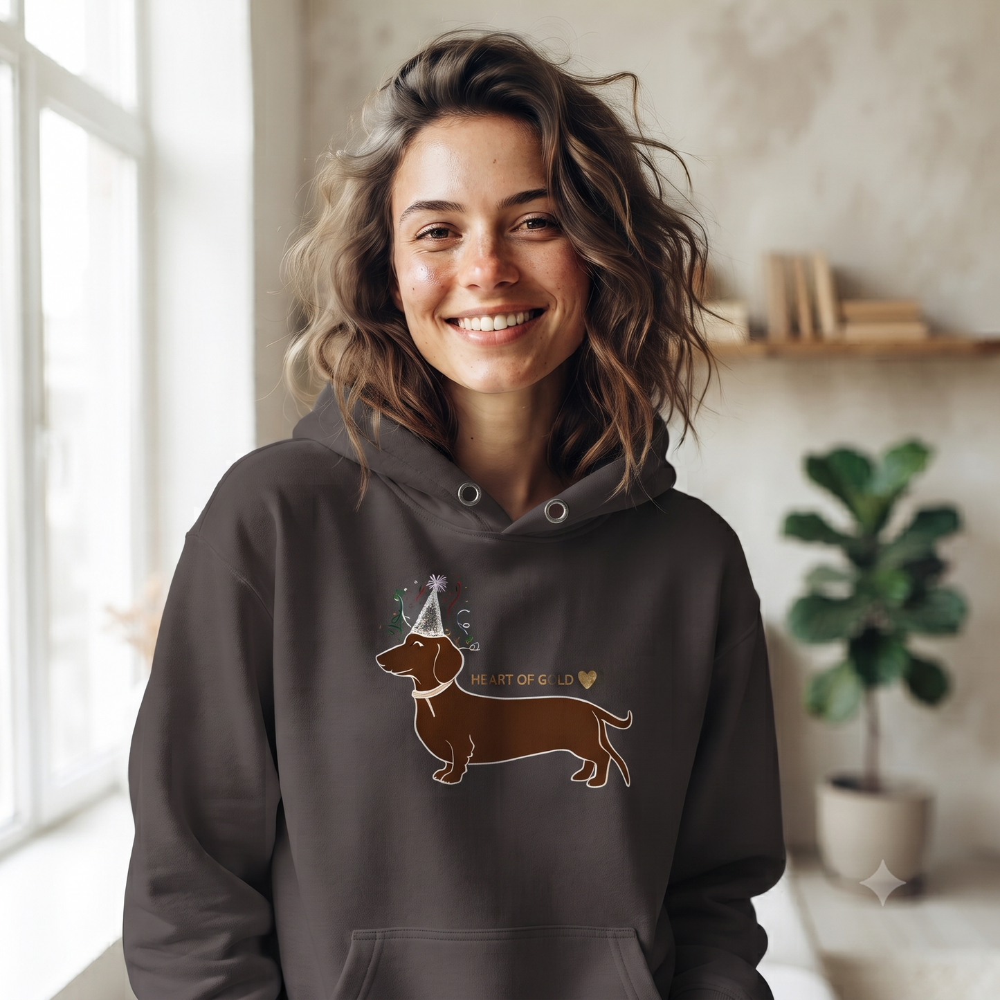 Stylish women's hoodie with dachshund print motif as a gift idea with heart