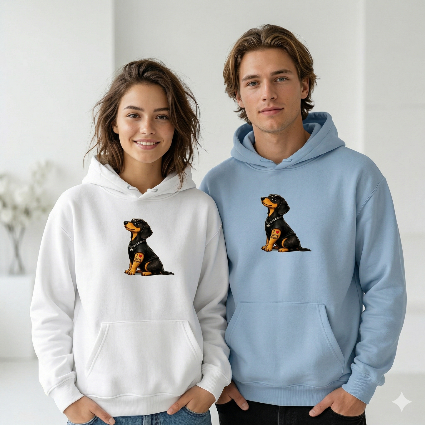 Oversized Casual Unisex Hoodie mit Dackel Motiv Tattoo "I love Mom & Dad"