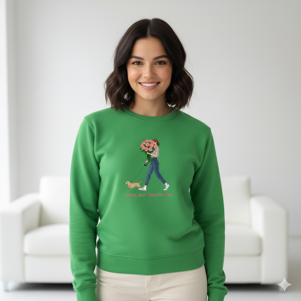 Premium Bio Sweatshirt mit Dackel Design - Liebe, auf vier Pfoten