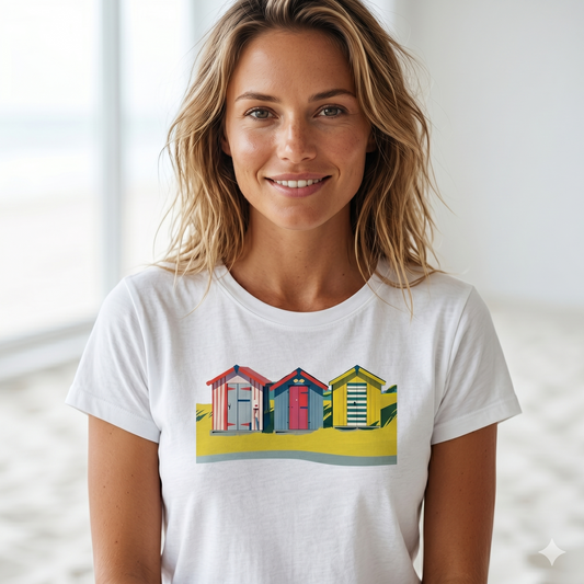 Premium Damen T-Shirt mit Strandhaus Print in Neon Farben