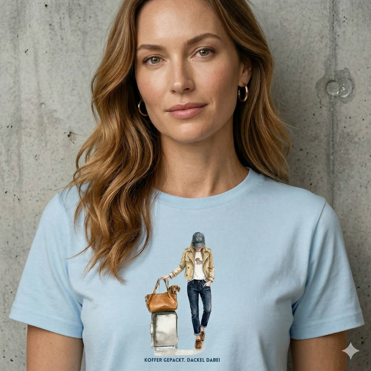 Ladies Heavy Cotton T-Shirt mit Dackel design- Koffer gepackt. Dackel dabei