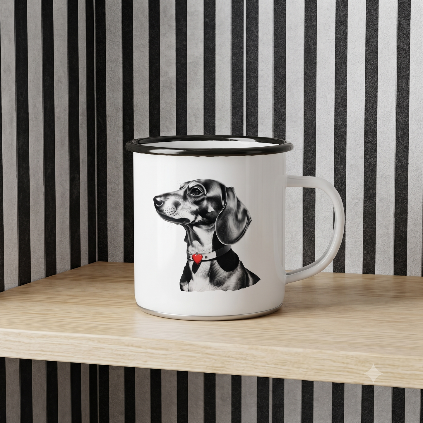 Emaille Mug Dackel Schwarz-Weiß Kohlezeichnung