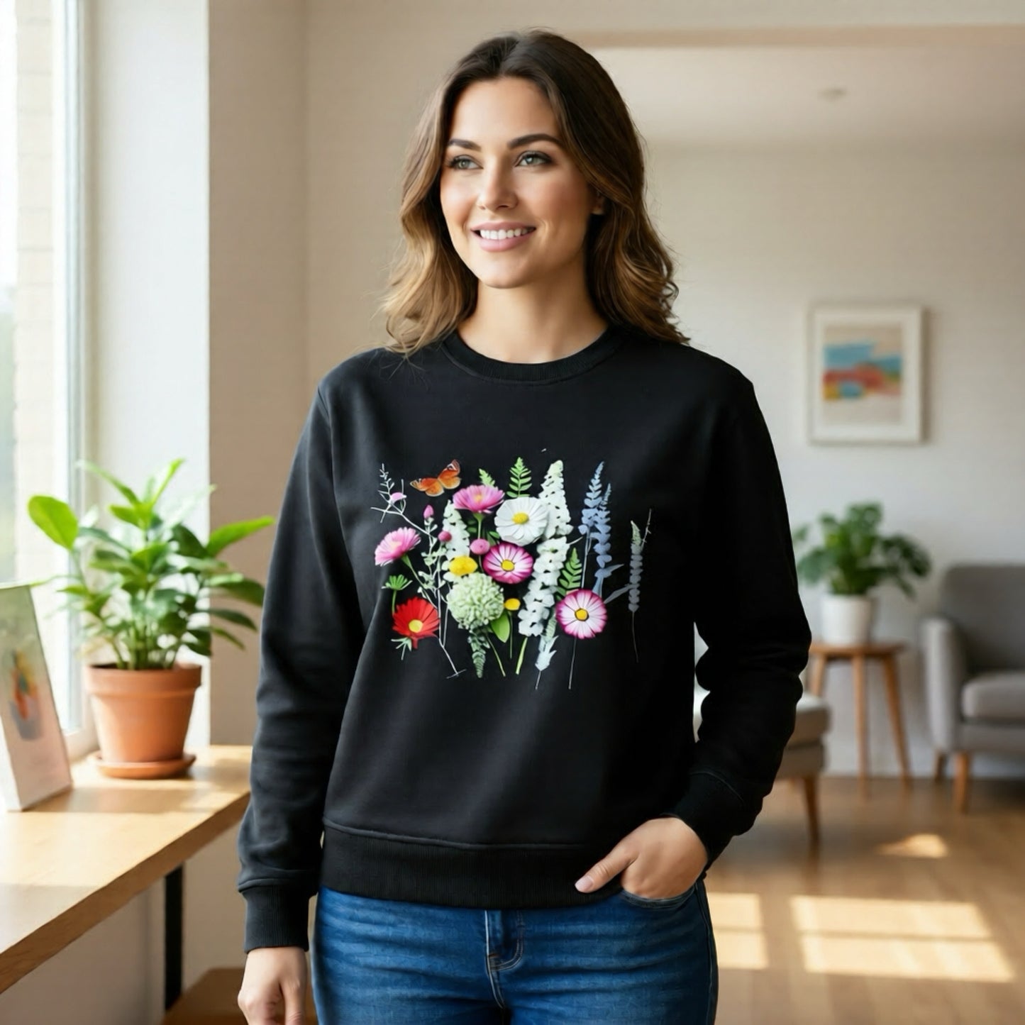 Damen Sweatshirt mit Wiesenblumen Motiv