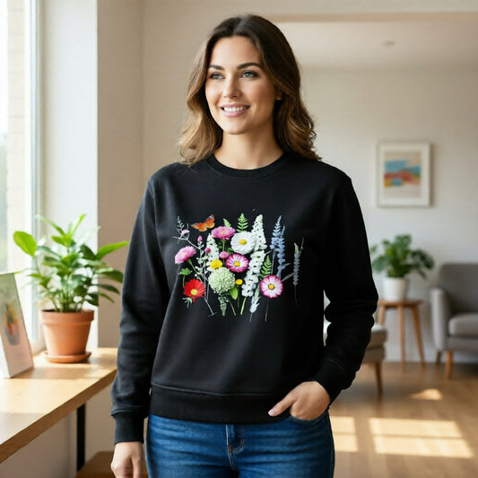 Damen Sweatshirt mit Wiesenblumen Motiv
