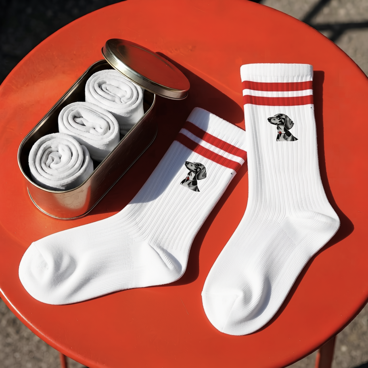 Socken mit Streifen Dackel Schwarz weiss Kohlezeichnung