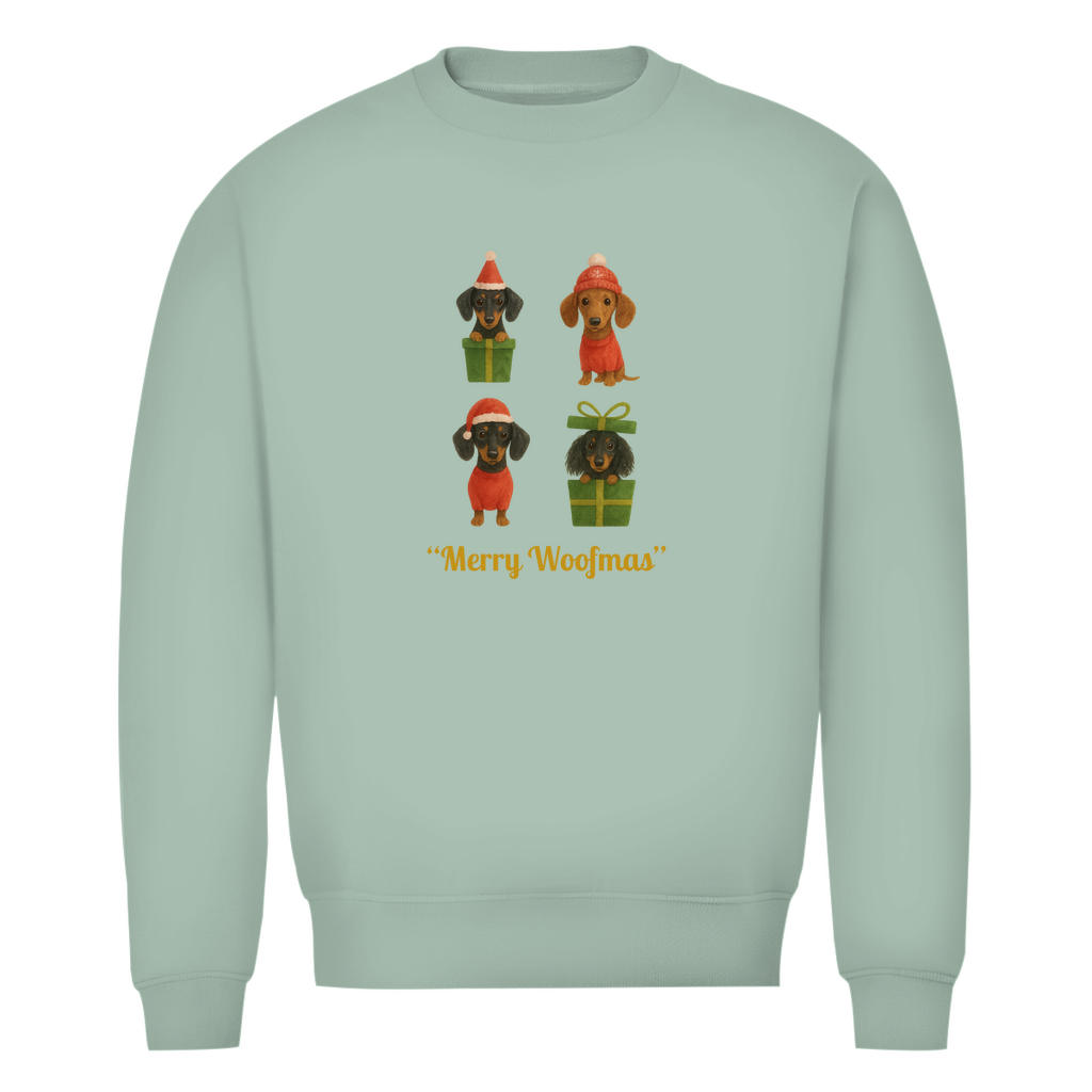 Unisex Premium Bio Sweatshirt mit Dackel Motiv "Merry Woofmas"