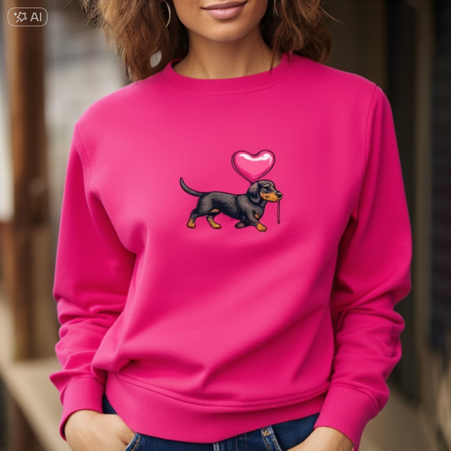Damen Bio Sweatshirt "Dackel mit Herz Ballon" – Weil Liebe vier Pfoten hat