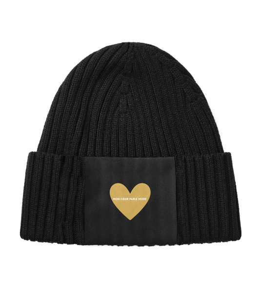 Beanie mit Herz Print und Spruch "Mon coeur parle mode"