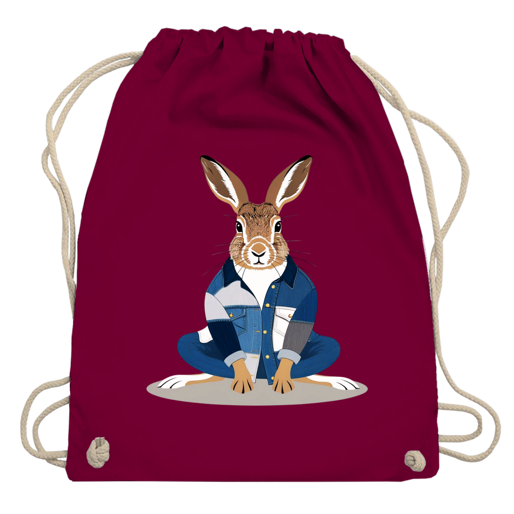Turnbeutel bordeux mit Hasen Print Motiv vorne