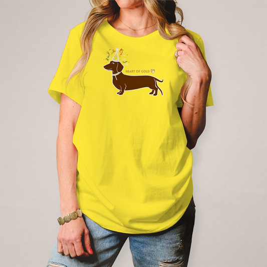 Damen T-Shirt mit Dackelprint gelb Vorderseite