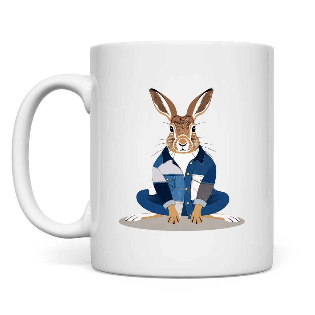 weisser Keramik Becher mit Hasen Print auf der Vorserseite