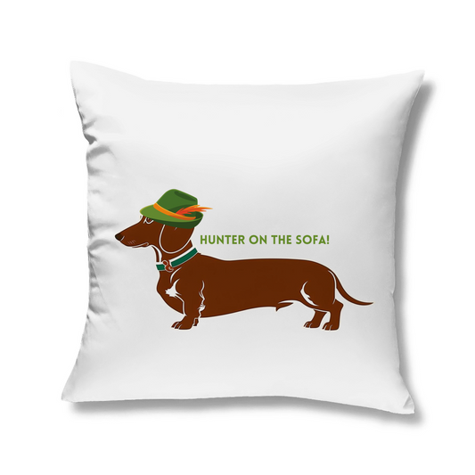 Deko Zierkissen mit Dackel Print Motiv und lustigem Statement "Hunter on the Sofa"