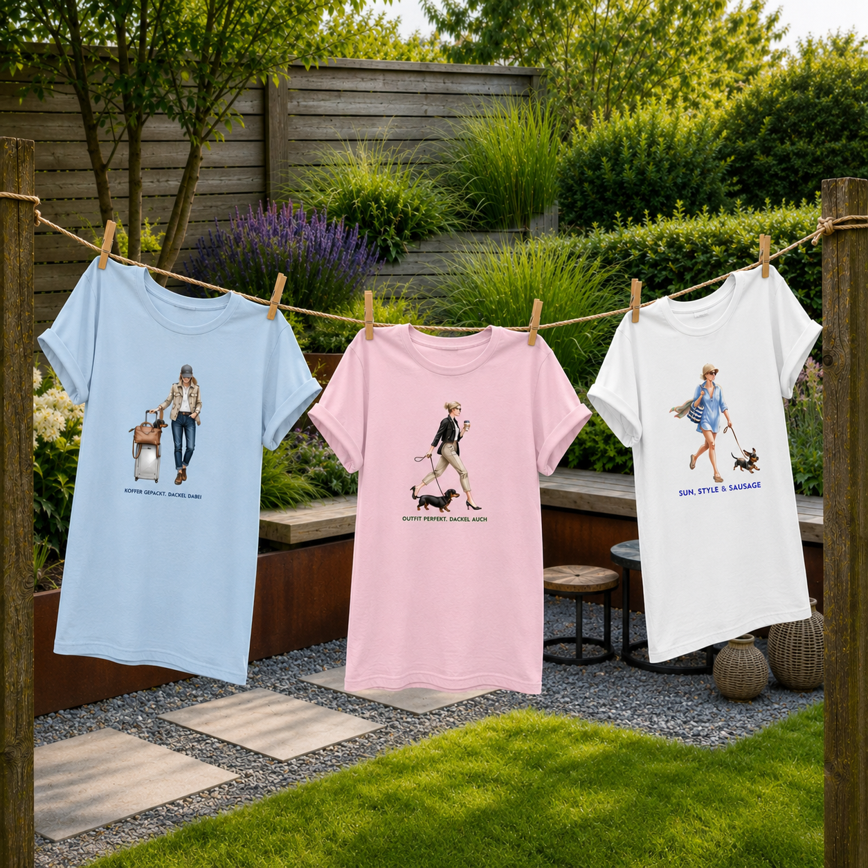 Ladies Heavy Cotton T-Shirt mit Dackel design- Koffer gepackt. Dackel dabei