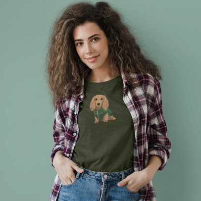 Dackel Fashion Ambassador T-Shirt mit Langhaar Dackel in Daunenweste