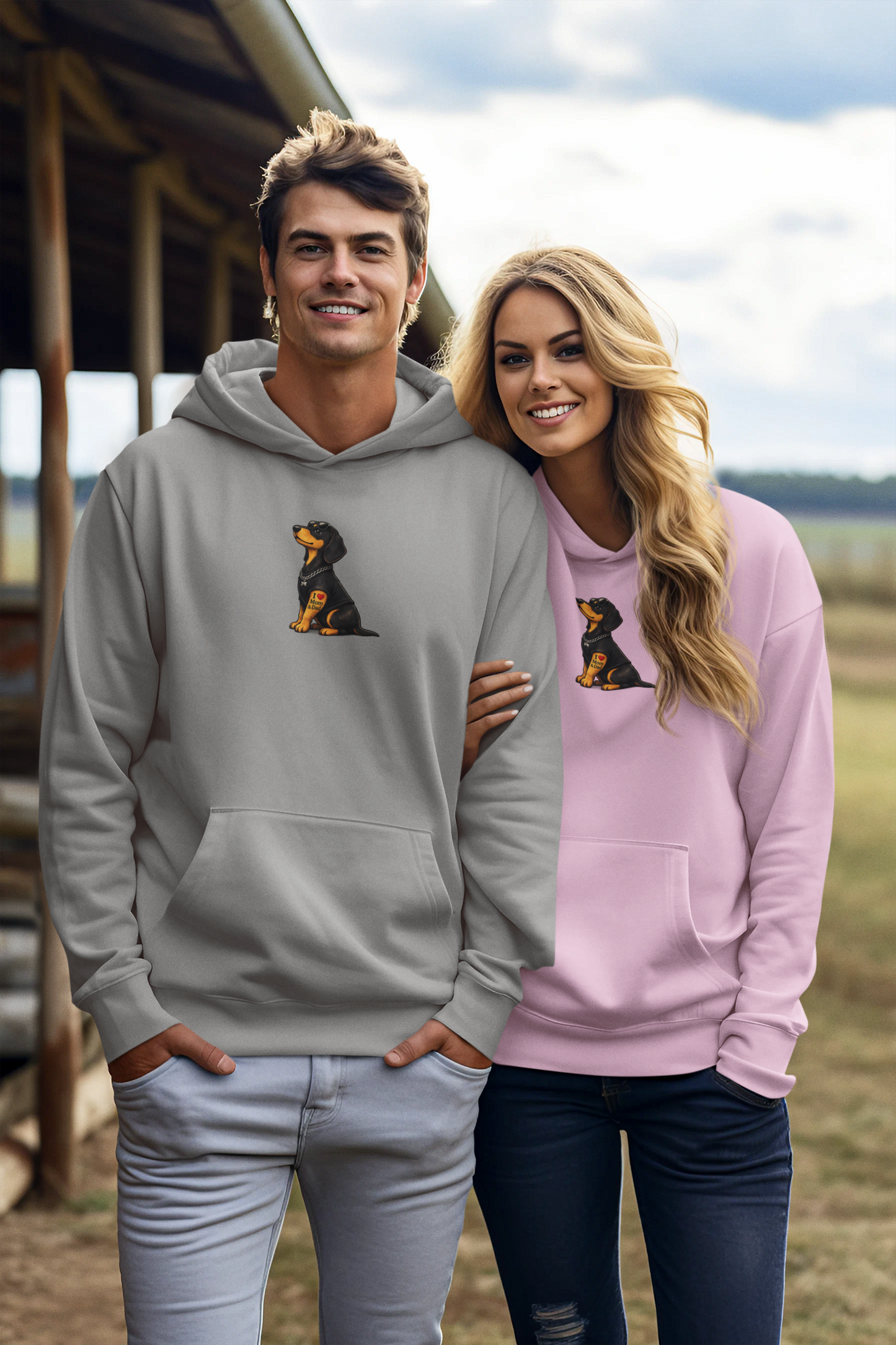 Oversized Casual Unisex Hoodie mit Dackel Motiv Tattoo "I love Mom & Dad"